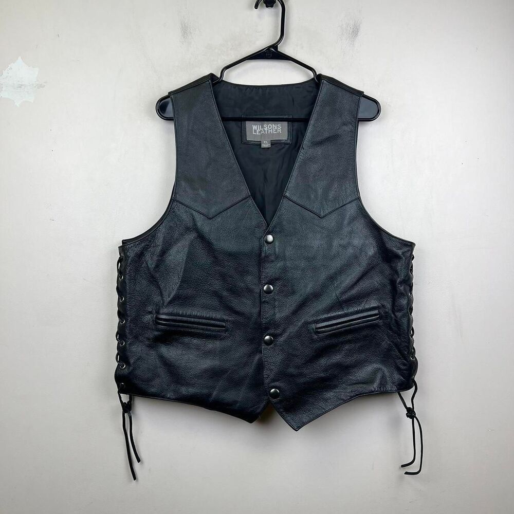 Wilson's Leather Black Leather Vest With Eagle  Embroidery on Back Size XL
